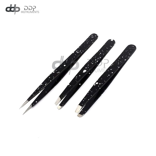 3 Slant & Pointed Tweezers Set Eyebrow Ingrown Facial & Nose Hair (BLK & White)