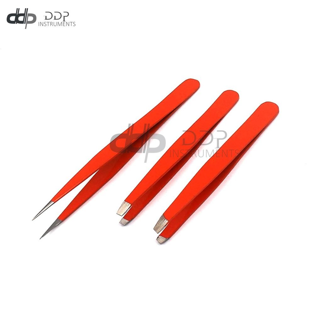3 Slant & Pointed Tweezers Set Eyebrow Ingrown Facial & Nose Hair (Orange) Color