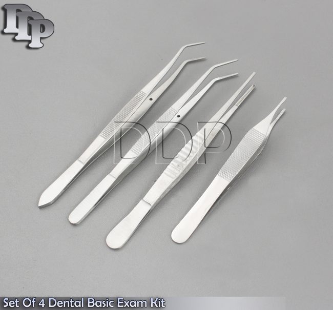 4 Dental Basic Exam Kit Adson Tweezers, Serrated Tip Cotton & Dressing DS-1213