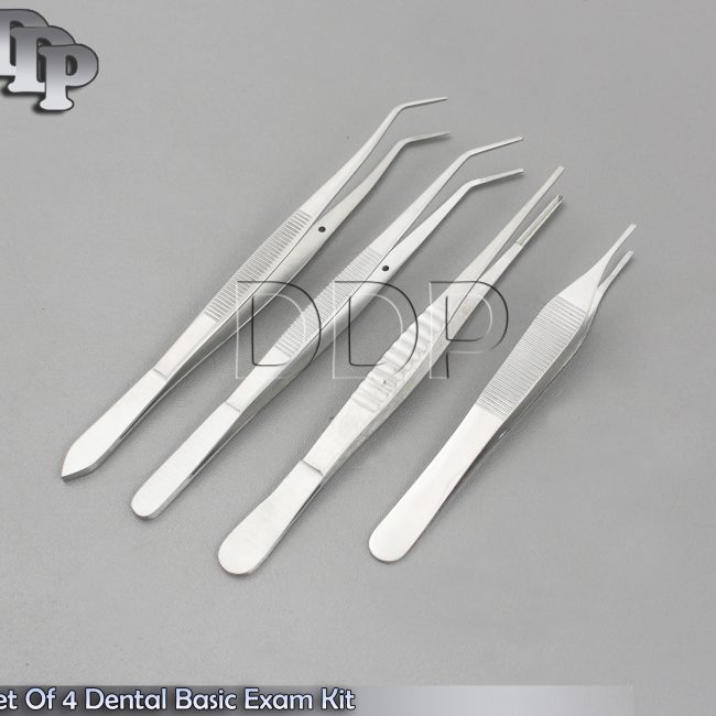 4 Dental Basic Exam Kit Adson Tweezers, Serrated Tip Cotton & Dressing DS-1213