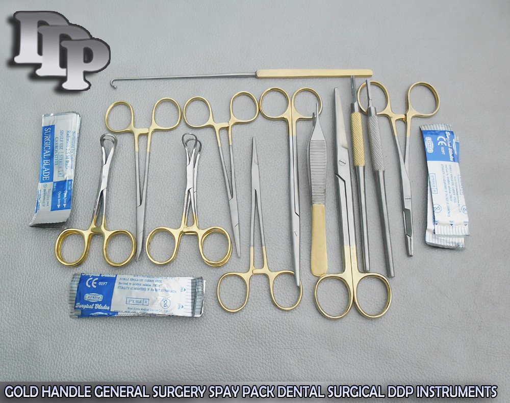 48 PCS GOLD HANDLE GENERAL SURGERY SPAY PACK DENTAL SURGICAL INSTRUMENTS DS-1085