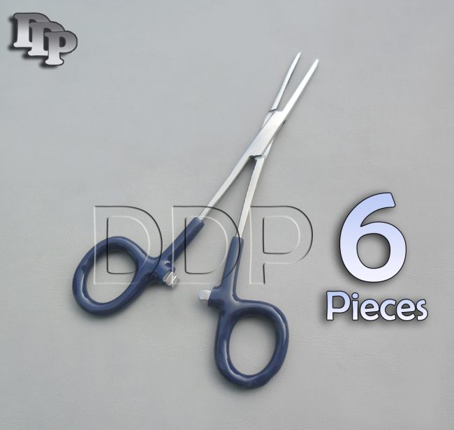 6 Hemostats Kelly Forceps Surgical Instruments, Blue Dep Handle 5.50" Straight