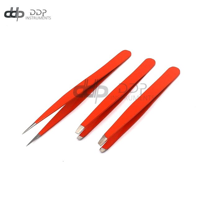Eyebrow Tweezers Set 3 Pcs Eyebrow With Slant Straight & Pointed Tips (Orange)