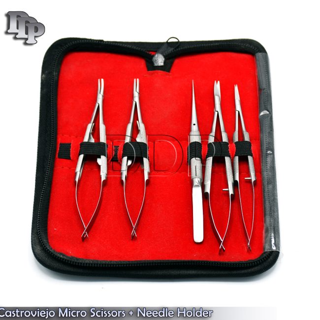 NEW 5 Castroviejo Micro Scissors Needle Holder Forceps Dental Eye Set Kit