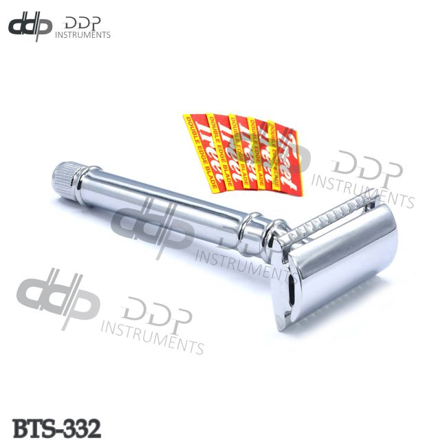 Plain Handle Safety Razor 4" Chrome Plated +5 Blades Stainless Steel BTS-332
