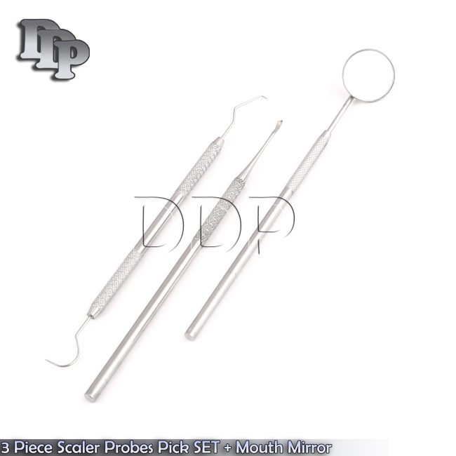 Professional Dental 3 Piece Scaler Probes Pick SET + Mouth Mirror Kit PR-0064