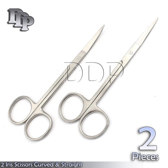 SET OF 2 IRIS SCISSORS STRAIGHT + CURVED SURGICAL DENTAL INSTRUMENTS