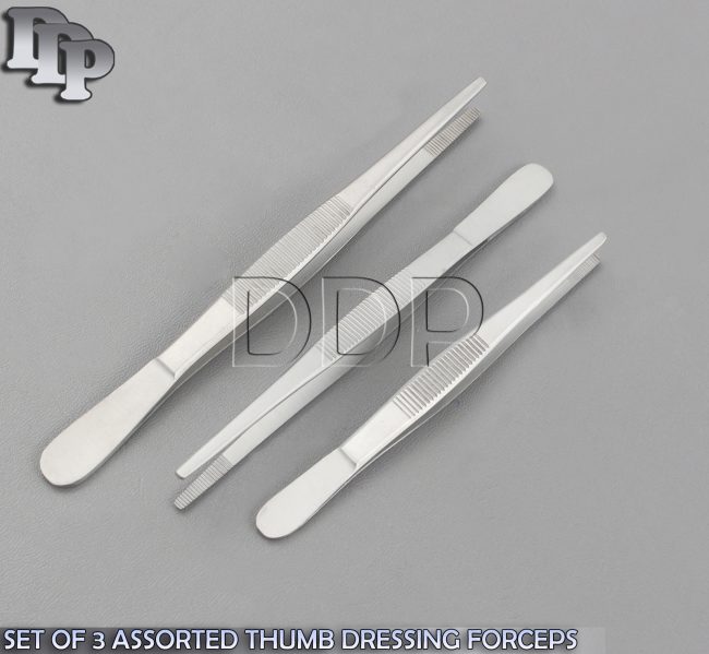 SET OF 3 ASSORTED THUMB DRESSING DISSECTING FORCEPS TWEEZERS SERRATED 6", 8",10"