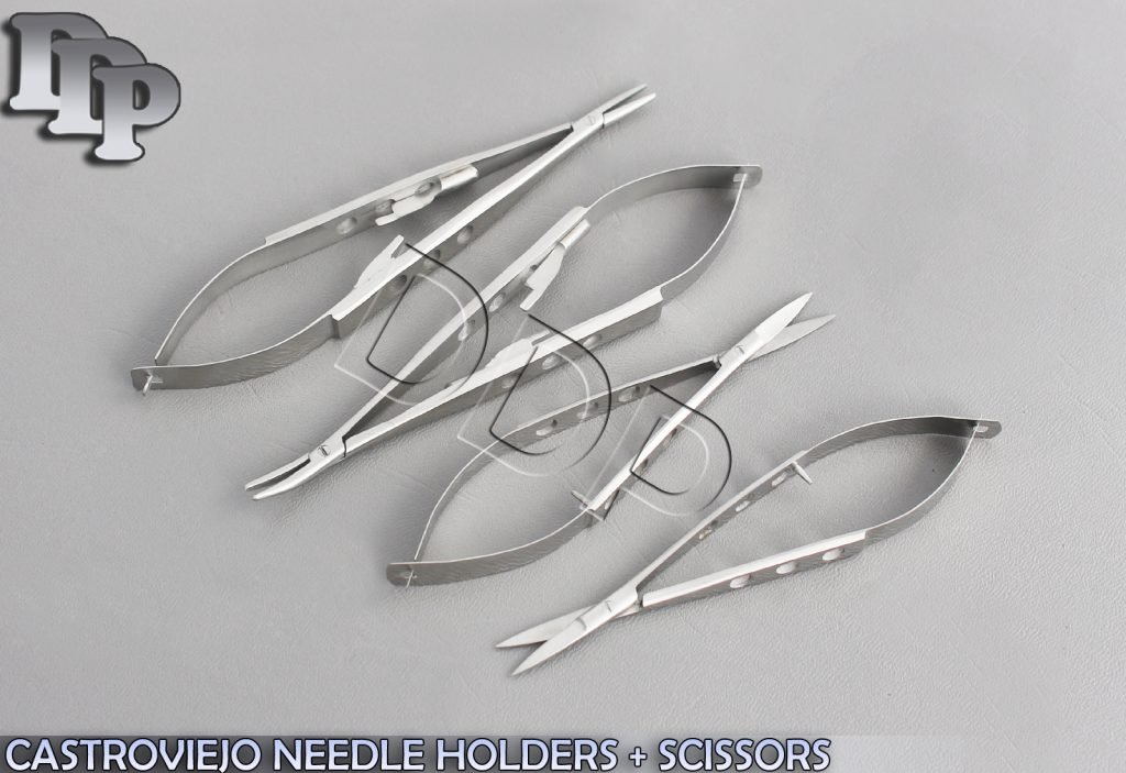 SET OF 4 EXTRA DELICATE CASTROVIEJO NEEDLE HOLDERS + SCISSORS 4" STRAIGHT