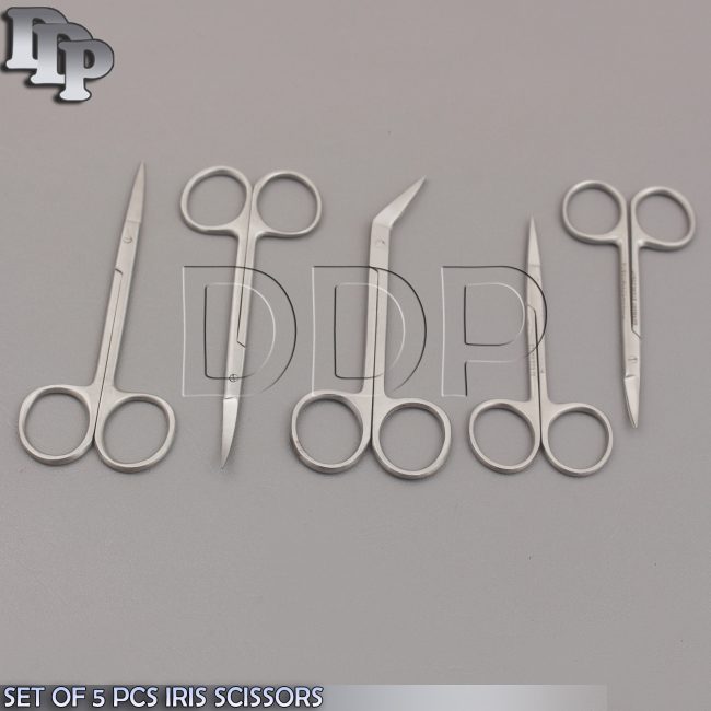 SET OF 5 PCS IRIS SCISSORS 4.5" + 3.5" STAINLESS STEEL STRAIGHT + CURVED+ ANGLED