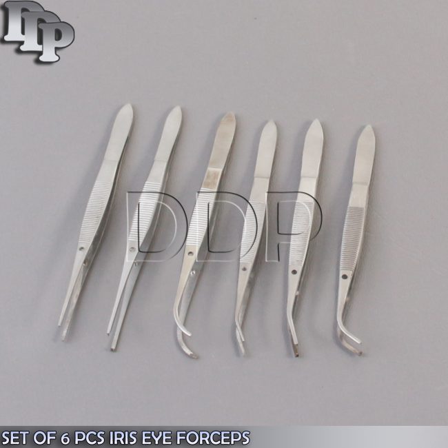 SET OF 6 PCS IRIS EYE DRESSING SERRATED & 1X2 TEETH FORCEPS 4" STR+CVD+FULL CVD