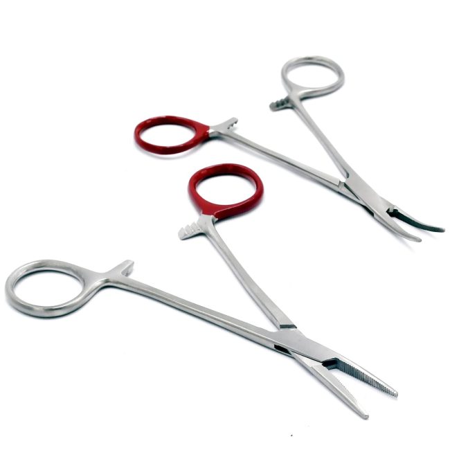 Set of 2 Hemostat Forceps 5'' Curved & Straight (Red Ring) Stainless Steel