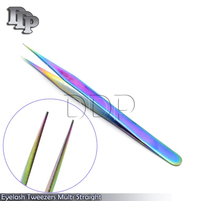 Stainless Steel Multi Rainbow Color Eyelash Extension Tweezers 5.5'' Straight