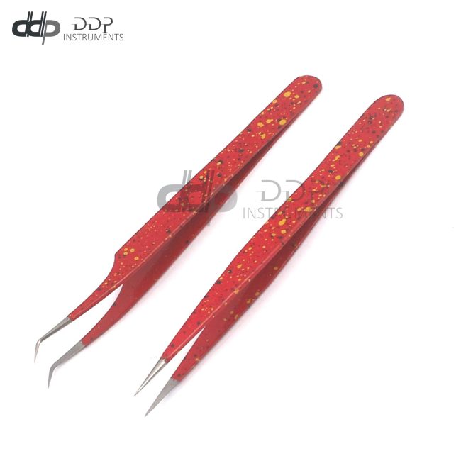 2 Pcs Straight And Curved Tip Tweezer Nipper For Eyelash Extension, Red & Black