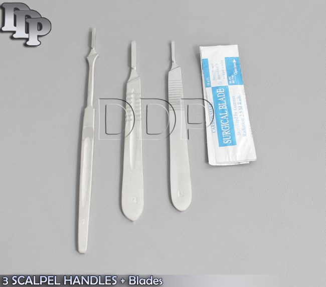 3 SCALPEL HANDLES #3 #4 #7+50 BLADES #10 #11 #12 #15 #20 #21 #23 #24