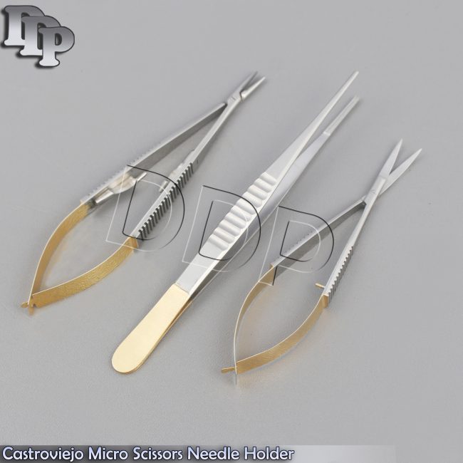 Castroviejo Micro Scissors Needle Holder Curved TC Forceps Dental Eye Set EY-004