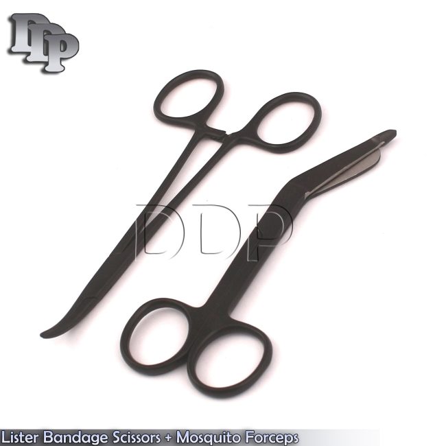 Lister Bandage Scissors 4.5" + Mosquito Forceps Curved Black Coated