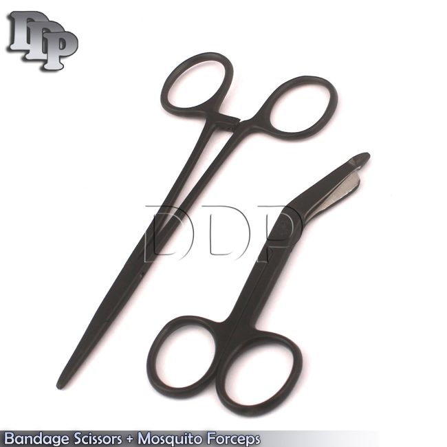 Lister Bandage Scissors 4.5" + Mosquito Forceps Straight Black Coated