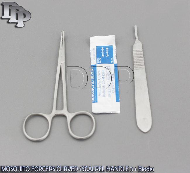 MOSQUITO HEMOSTAT FORCEPS 5" CURVED +SCALPEL HANDLE #3+5 SURGICAL BLADES #12