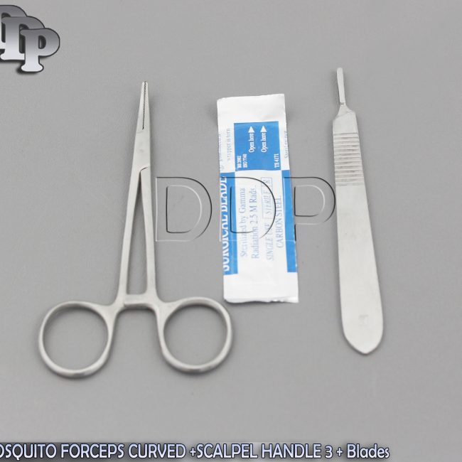MOSQUITO HEMOSTAT FORCEPS 5" CURVED +SCALPEL HANDLE #3+5 SURGICAL BLADES #12