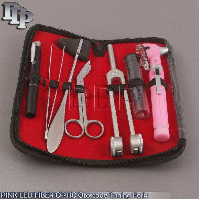 PINK LED FIBER OPTIC Otoscope Tuning Fork C128 Reflex Hammer Bandage Scissors