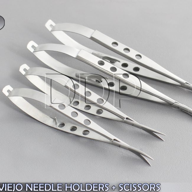 SET OF 4 EXTRA DELICATE CASTROVIEJO NEEDLE HOLDERS + SCISSORS 4" STRAIGHT+CURVED