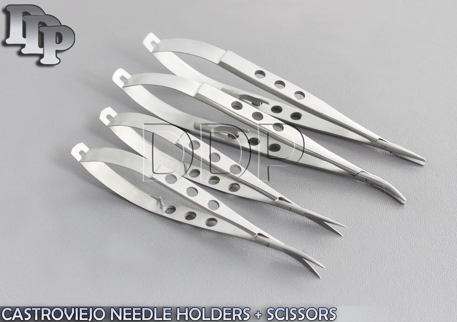 SET OF 4 EXTRA DELICATE CASTROVIEJO NEEDLE HOLDERS + SCISSORS 4" STRAIGHT+CURVED