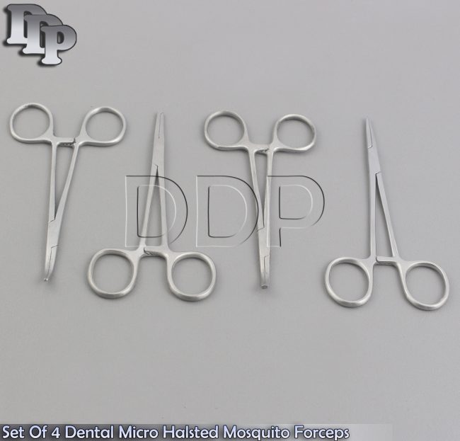 Set Of 4 Dental Micro Halsted Mosquito Forceps Straight Curved Hemostat Plier