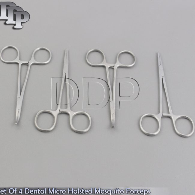Set Of 4 Dental Micro Halsted Mosquito Forceps Straight Curved Hemostat Plier