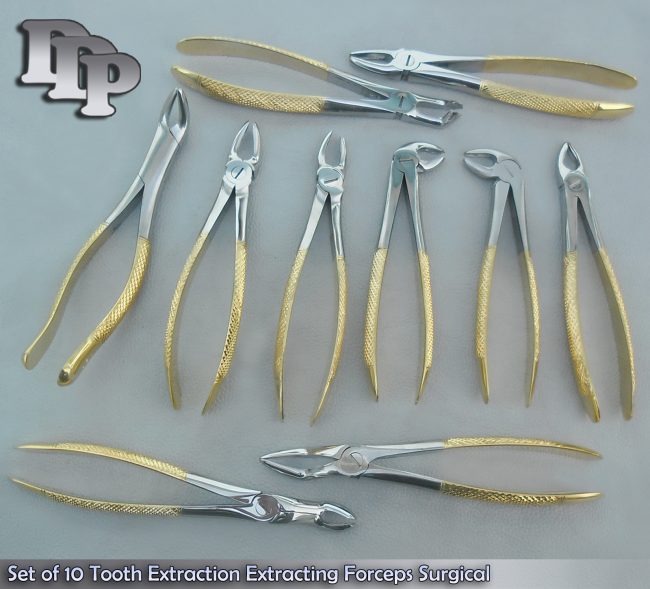 Set of 10 Tooth Extraction Extracting Forceps Gold Plated Surgical INSTRUMENTS