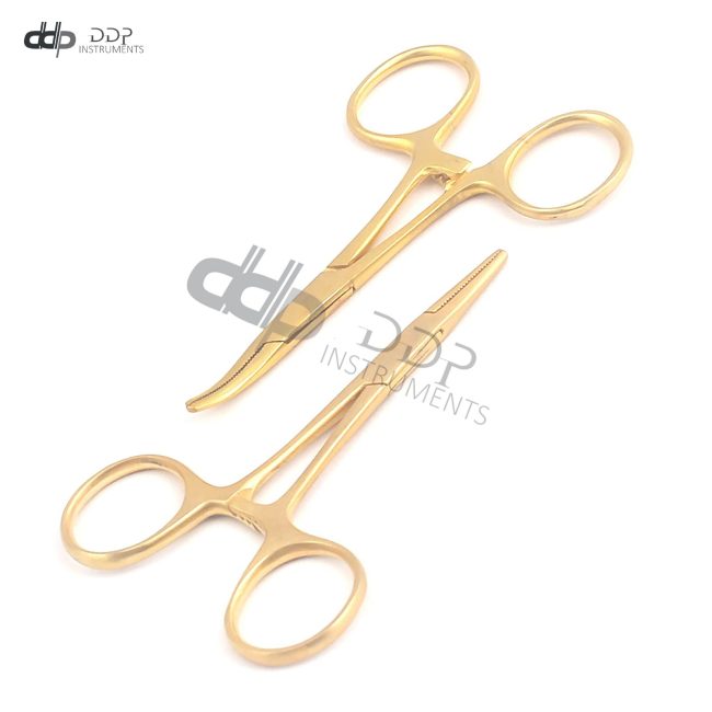 Set of 2 Mosquito Forceps Full Gold 3.5" Straight & Curved Stainless Steel