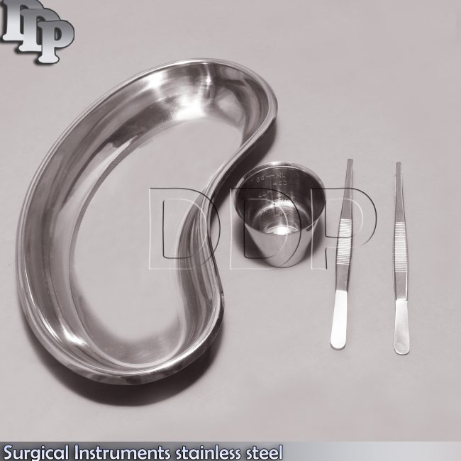 Surgical stainless steel cup and two forceps Kidney tray Instruments, DS-642