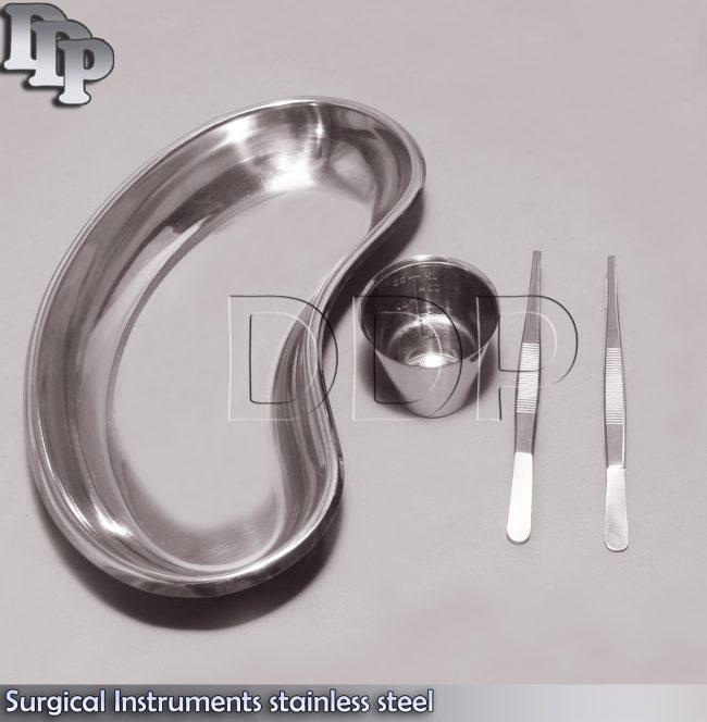 Surgical stainless steel cup and two forceps Kidney tray Instruments, DS-642