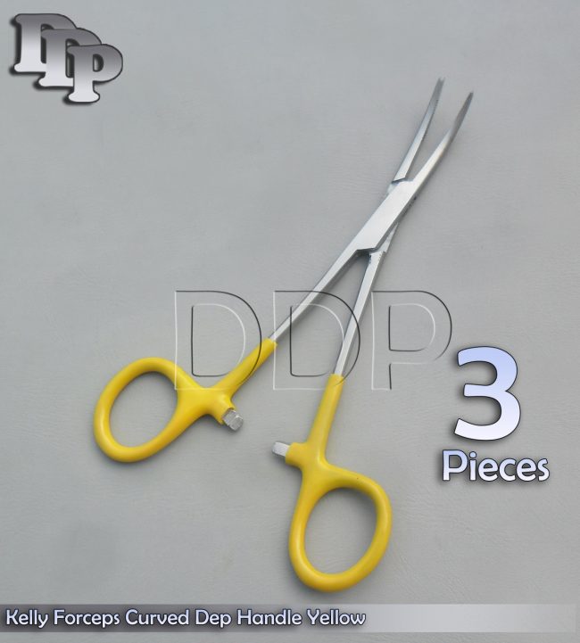 3 Hemostats Kelly Forceps Surgical Instruments, Yellow Dep Handle 5.50" Curved