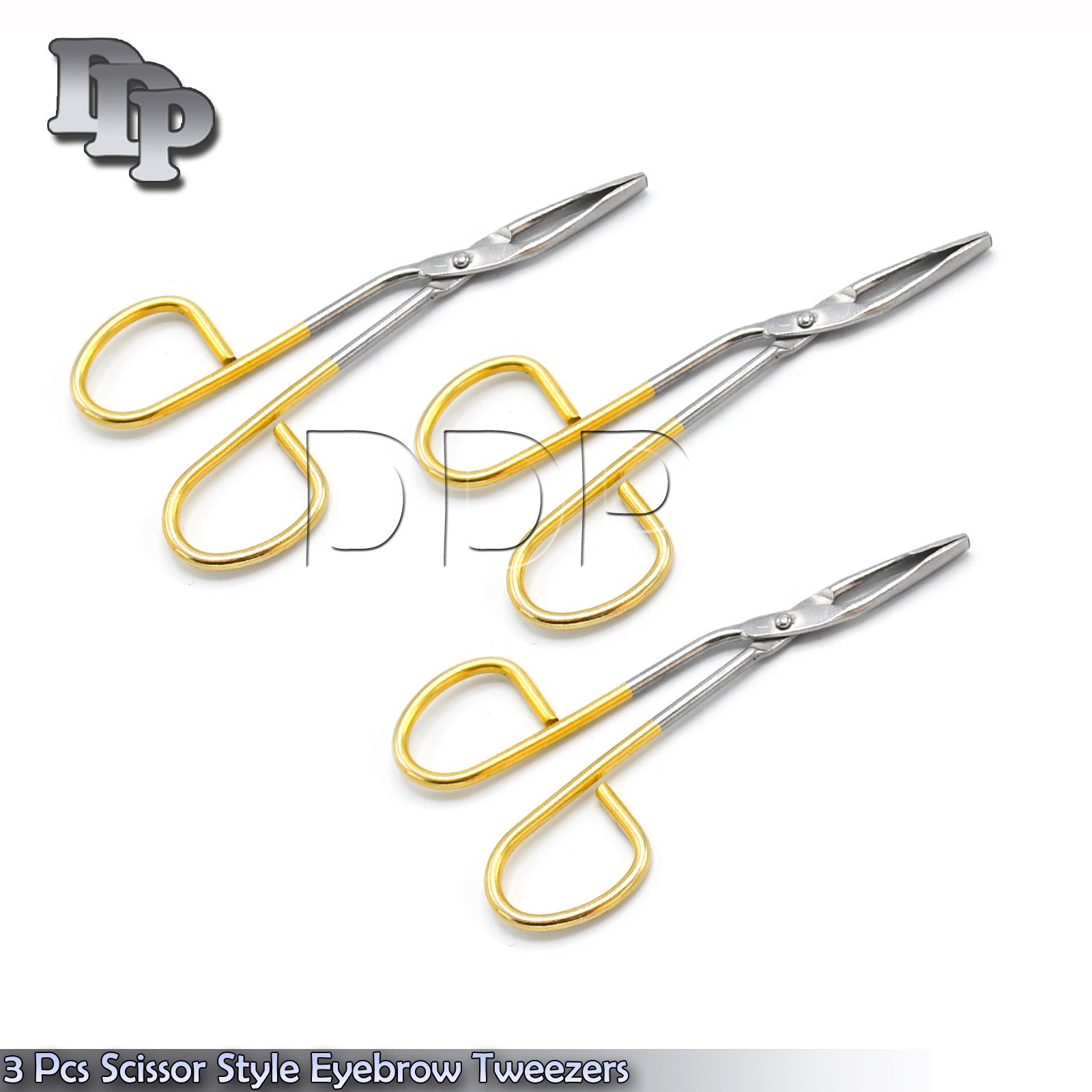 3 Pcs Scissor Style Eyebrow Tweezers 3.5'' Hair Removal Gold platted
