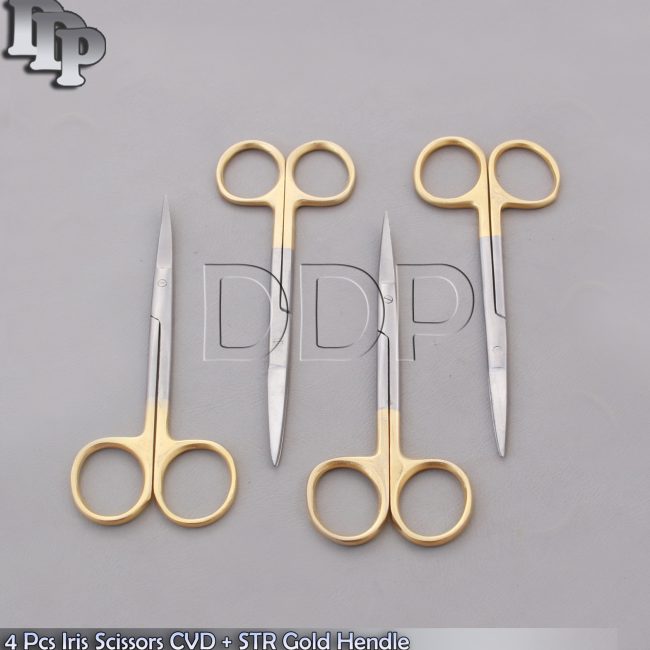 4 O.R GRADE IRIS SURGICAL OPHTHALMIC SCISSORS STRAIGHT+CURVED WITH GOLD HANDLE