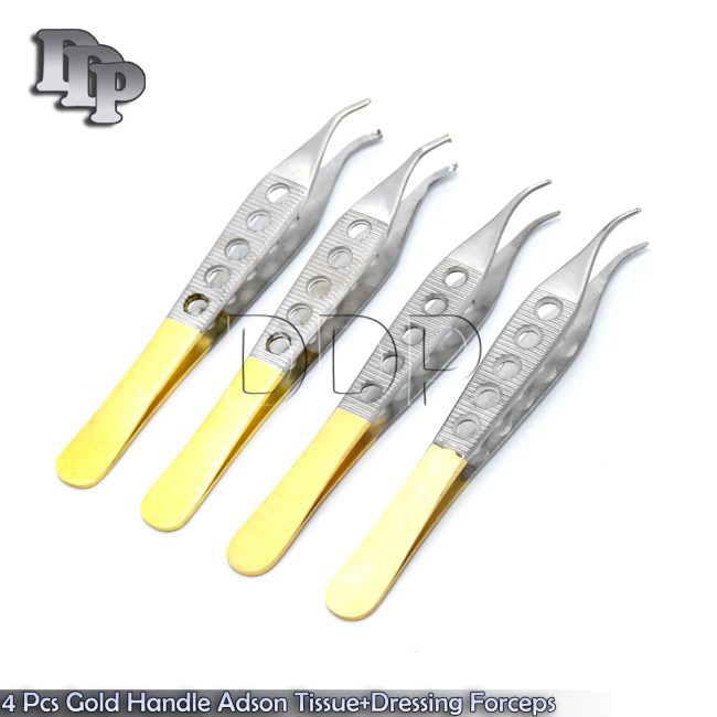 4 O.R PLASTIC SURGERY ADSON TISSUE + DRESSING FORCEPS 4.75" CURVED GOLD HANDLE