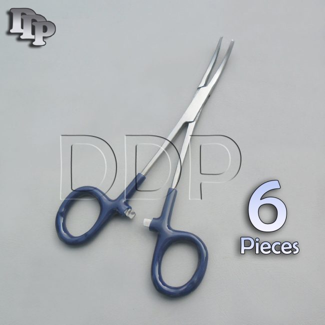 6 Hemostats Crile Forceps Surgical Instruments, Blue Dep Handle 6" Curved
