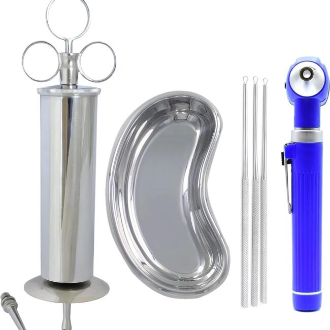 6 Pc Ear Wax Removal Syringe Ear Wax Remover Loop Curette Kidney & Otoscope blue