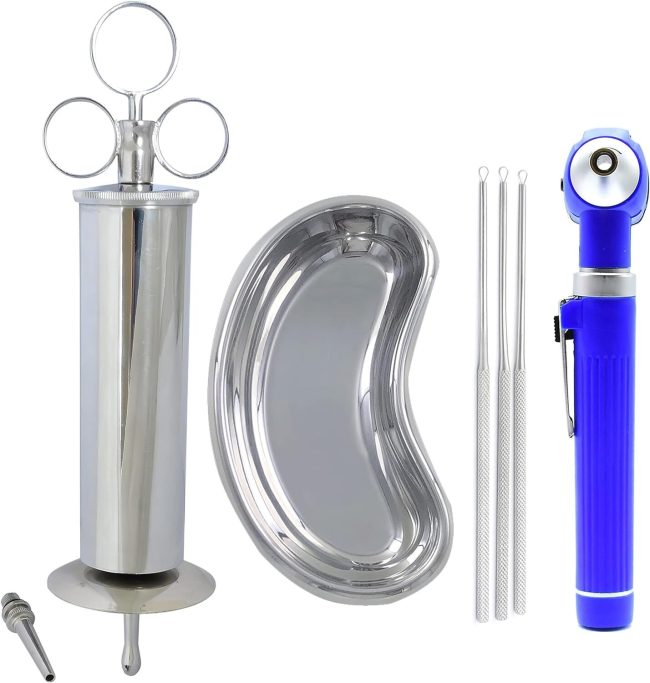 6 Pc Ear Wax Removal Syringe Ear Wax Remover Loop Curette Kidney & Otoscope blue