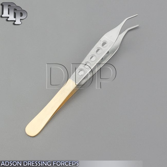 ADSON DRESSING FORCEPS SERRATED 4.75" CURVED ANGLED FENESTRATED HANDLE
