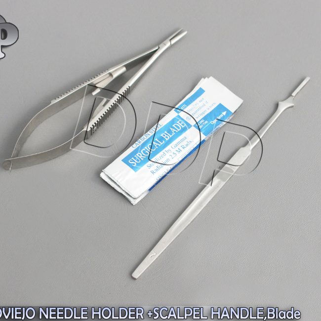 CASTROVIEJO NEEDLE HOLDER STRAIGHT 5.5"+SCALPEL HANDLE #7+5 SURGICAL BLADES #10