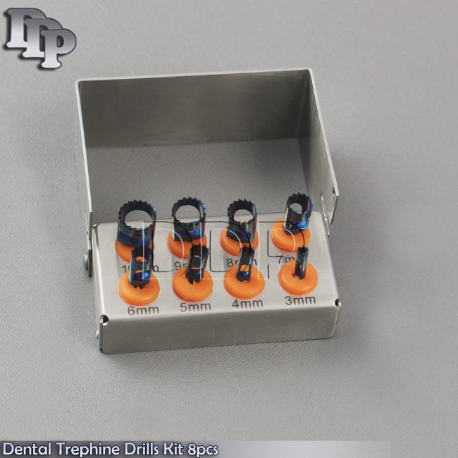 Dental Trephine Kit 8 Pcs Blue Titanium Coated Bur Holder DN-2242