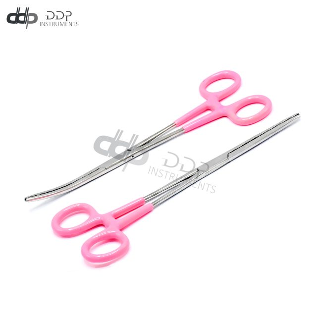 GERMAN STAINLESS ROCHESTER PEAN HEMOSTAT FORCEPS STR+CVD SERRATED TIP 10"-PINK