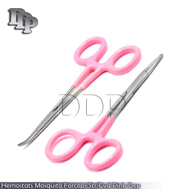 Hemostats Mosquito Forceps 5'', Pink Dep Handle Straight + Curved