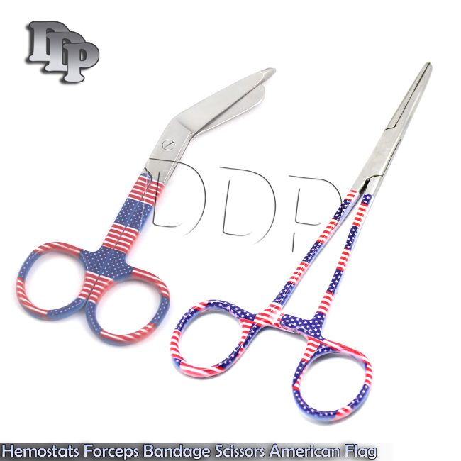NEW Hemostats Forceps Bandage Scissors American Flag Straight Tip Clamps Set
