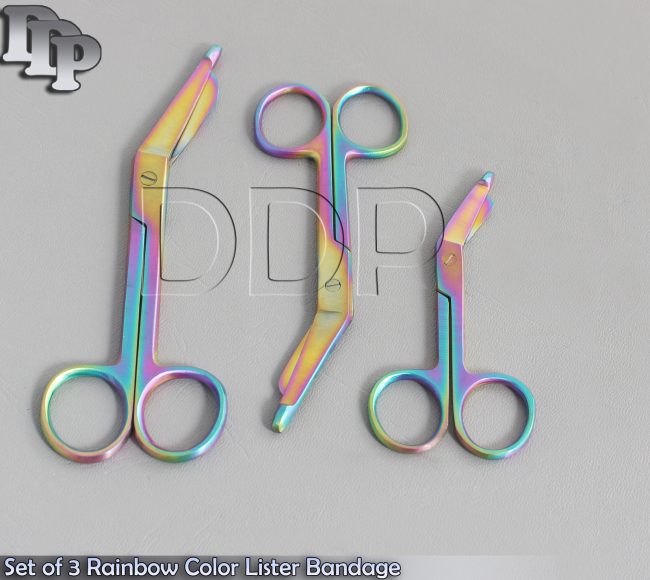 Set of 3 Multi Color Rainbow Color Lister Bandage Scissors 4.5" 5.5" 7.5",BTS-24