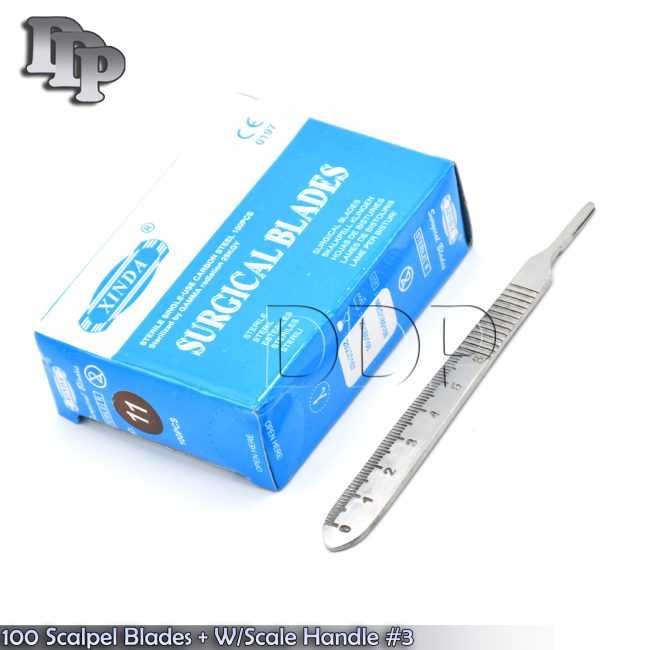 100 Scalpel Blades #11 +Scalpel Handle #3 W/Scale Surgical Dental ENT Instrument