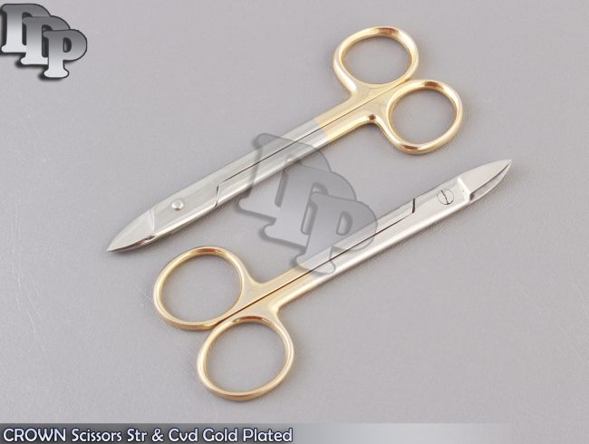 2 CROWN Scissors Str & Cvd 4.25" Gold Plated Dental Surgical Instruments