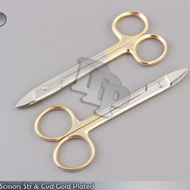 2 CROWN Scissors Str & Cvd 4.25" Gold Plated Dental Surgical Instruments